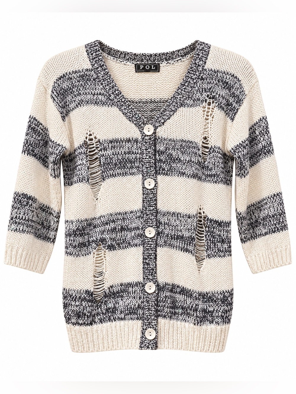 POL Distressed Striped Sequin Open Knit Cardigan Sweater Size Small